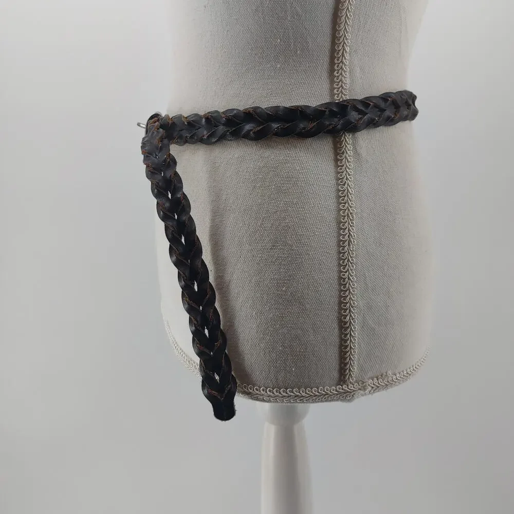 Brown Womens Sz M/L Leather Belt Braided Silver Tone Buckle